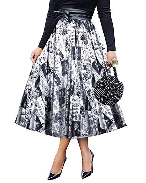 ThusFar Women's Graffiti Pleated Skirts Cartoon Printed Elastic Waist A-Line Swing Midi Skirt