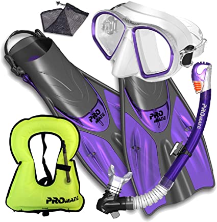 Promate Snorkel Set Snorkeling fins mask and Dry Snorkel Gear Bag Set for Adult Youth Snorkeling Set