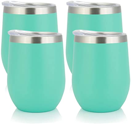 PURECUP Stainless Steel Insulated Wine Tumbler With Lid,12 oz,Double Wall Vacuum Insulated Cup,For Champaign Cocktail,Beer,Coffee,Drinks,BPA Free (12oz 4 pcs, Aqua Blue)