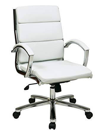 Office Star Mid Back Executive Faux Leather Chair with Chrome Finished Base and Padded Arms, White