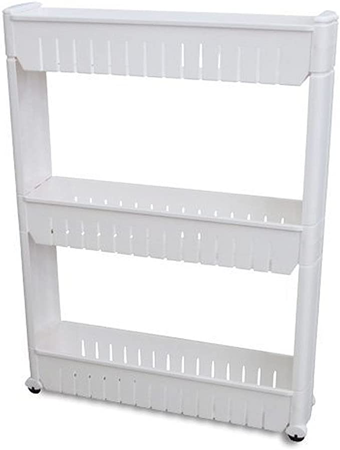IdeaWorks JB6032 Slide Out Storage Tower for Laundry Room & Kitchen-Slim Roll Away Cart for Spice Rack-for in-Between Fridge, Closet Clothing Bins-3-Tier, White, Plastic