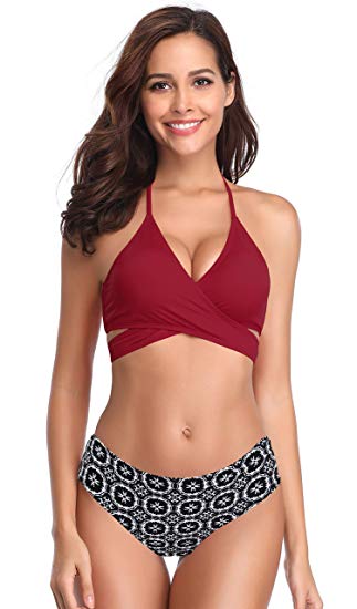 SHEKINI Women's Push-up Halter Bandage Ruched High Waisted Bottoms Bikini Swimsuits