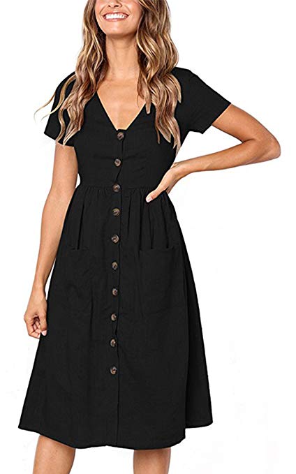 Angashion Women's Dresses-Short Sleeve V Neck Button T Shirt Midi Skater Dress Pockets