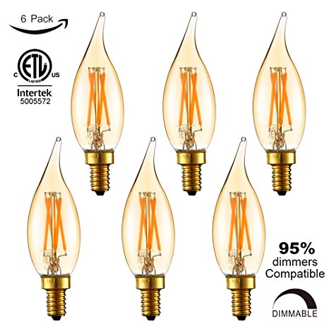 LiteHistory Deep Dimmable 4W C32/CA10 led bulb,ETL,E12 LED Candelabra Bulb,250lm,40W equivalent led candle bulb,Ultra warm White 2200K chandelier,Flame tip,Amber glow,6-Pack