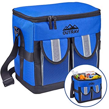 Outrav Blue Padded Insulated Cooler – 30 Can Capacity - Soft Collapsible Leak Proof Tote for Camping, Picnics and Travel – Large Main Compartment, 2 Front Pouches, Handle and Shoulder Strap