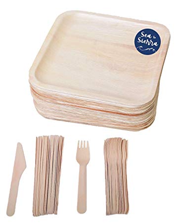 Sea to Sierra 10" Square Palm Leaf Plates, Wood Forks and Wood Knives (Set of 25) Heavy Duty Disposable Dinnerware, Perfect for Weddings, Bamboo Chic, Biodegradable, Compostable, Eco-Friendly