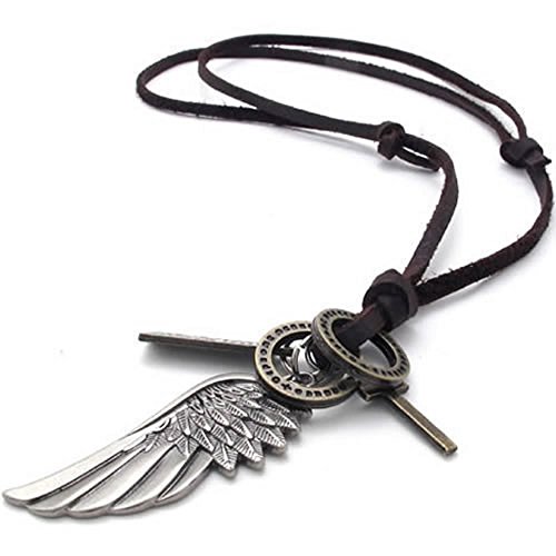 KONOV Mens Vintage Angel Wing Cross Pendant Brown Leather Cord Necklace Chain, Silver