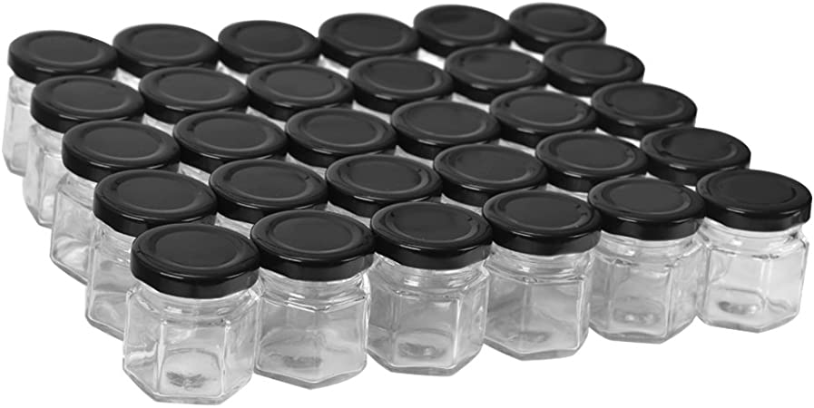 30 Pack 1.5 oz 50 ml Hexagon Glass Canning Jars,Jam Jars for Honey,Candies,Baby Foods,DIY Magnetic Spice Jars（Comes with Black lids）