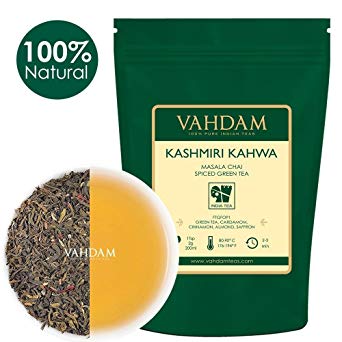 VAHDAM, Kashmiri Kahwa Masala Chai (50 Cups) | Green Tea Blended with Cardamom, Cinnamon, Almonds & Saffron | Brew Hot of Iced | Vacuum Sealed for Freshness | 100gm