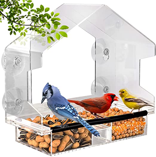 Window Bird Feeder with 4 Strong Suction Cups, Anti-Fall Magnetic Sliding Tray, Drain Holes, Clear Acrylic, Large Bird House for Outside, Great Garden Gift.(Style 1)