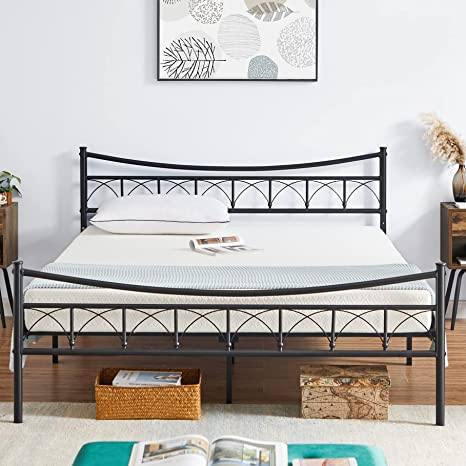 VECELO Full Size Bed Frames Metal Platform with Vintage Headboard and Footboard, Mattress Foundation/No Box Spring Needed/No Noise/Easy Set Up