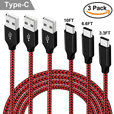 USB Type C Cable,YouCoulee 3 Pack 3.3Ft 6.6Ft 10Ft USB C Cable Nylon Braided Long Cord USB Type A to C Fast Charger for Samsung Galaxy Note8 S8 Plus, Apple Macbook, LG G6 V20, Pixel, Nexus 6P (Red)