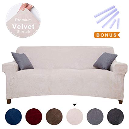 ACOMOPACK Sofa Cover for 3 Cushion Couch Velvet Stretch Couch Cover Recliner Chair Cover Couch Slip Covers for Furniture Sofa Loveseat Cover Protector (Sofa, Beige)