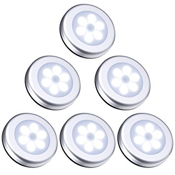 ORIA Motion Sensor Light, 6 LED Battery-Powered Wireless Outdoor Night Light, Waterproof Security for Light Patio Hallway, Closet, Stairs, Bathroom, Bedroom, Kitchen, Set of 6, Silver