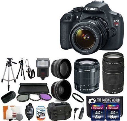 Canon EOS Rebel T5 18.0 MP CMOS Digital Camera SLR Kit With Canon EF-S 18-55mm IS II   Canon 75-300mm III Lens   Wide-Angle Lens   Telephoto Lens   8GB and 16GB Card   Card Reader   Case   Flash   Tripod   Remote   58mm Filter Kit - 24GB Deluxe Accessories Bundle