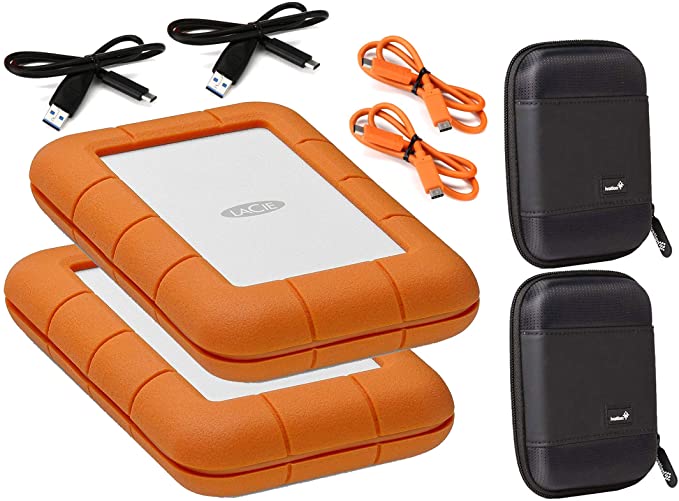 Lacie 2 Pack Rugged 2TB Thunderbolt & USB 3.1 Gen 1 Type-C External Hard Drives Compatible with Mac and PC - Water and Drop Resistance with Compact Pocket Cases