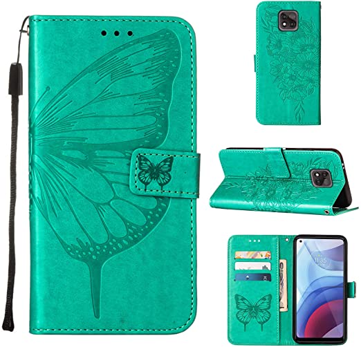 Ranyi for Moto G Power 2021 Case, Cute 3D Butterfly Magnetic Wallet Case with Credit Card Holder Kickstand Hand Strap Flip Folio Leather Wallet Case for Motorola Moto G Power (2021), Green