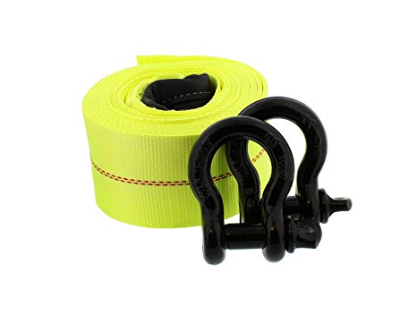 ABN Tow Strap with Shackles 4" x 30' Feet Kit with 2 Heavy Duty 3/4" Inch D-Rings