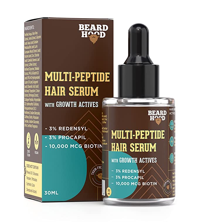 Beardhood Multi-Peptide Hair Growth Serum with Growth Actives | 3% Redensyl , 3% Procapil & 10,000 MCG Biotin | Boosts Hair Growth & Prevents Hair Fall | Zero Toxin & Vegan | 30 ml