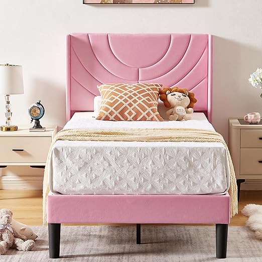 VECELO Twin Size Upholstered Platform Bed Frame with Fabric Headboard,Wooden Slats Support/No Box Spring Needed/Mattress Foundation/Easy Assembly,Pink