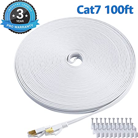 CAT 7 Ethernet Cable 100 Ft White Flat Gigabit High Speed Gigabit Shielded RJ45 LAN Cable