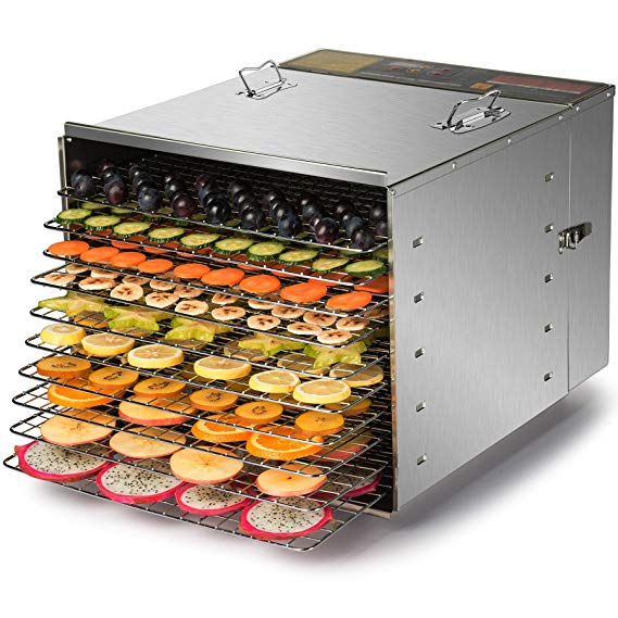 CO-Z Commercial Grade Stainless Steel Electric Food Dehydrator Machine, Meat or Beef Jerky Maker, Fruit Dryer with 10 Trays, Features Preset Temperature Setting & Timer Control，1000W