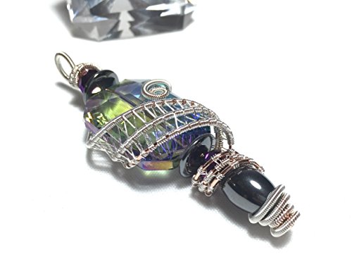 Crystal Pillow and Hematite Wire Wrapped Beaded Pendant in Sterling Silver and Copper