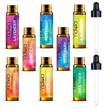 YIDIOLA Top 8 Essential Oils w/2 Glass Droppers, 100% Pure Aromatherapy Therapeutic Grade Essential Oil Set,Lavender, Eucalyptus, Peppermint, Frankincense, Tea Tree, Rosemary, Lemon & Ylang Ylang