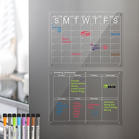 Printers Jack Magnetic Acrylic Calendar for Fridge， Clear Set of 2 Dry Erase Board Calendar for Fridge Reusable Planner with 8 Dry Erase Markers 7 Colors, Reusable Planning Board(16"x12"Inches)