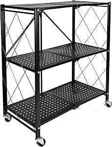 YSSOA 3-Tier Foldable Metal Rack, 27.95" D x 13.39" W x 33.85" H Storage Shelving Unit with Wheels Moving Organizer Shelves for Garage Kitchen, Black