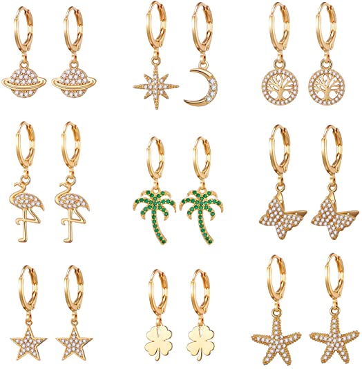 9 Pairs Gold/Silver Small Hoop Earrings with Charm for Women - Spike Huggie Hoop Earrings Set for Girls
