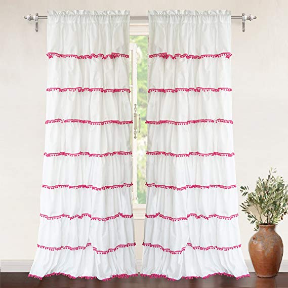 DriftAway Pom Pom Ruffle Window Curtain, Rod Pocket, Single Panel, One Panel, 52”x84” Plus 2" Header (Pink)