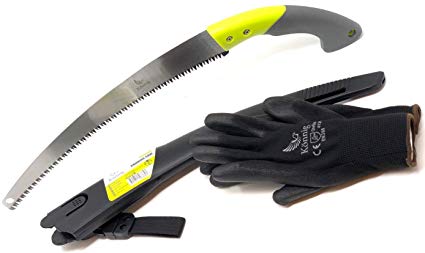 Könnig Professional Heavy Duty Pruning Saw (RAZOR SHARP 14" CURVED BLADE) Comfort Handle with Saw Blade Enclosure - Full-stroke Hand Saw with FREE Garden Gloves (Lemon-green)