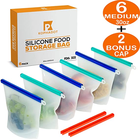 KOPHADOT Reusable Silicone Food Storage Bags - 6 Medium 30oz Transparent Silicone Food Bags & 8 Sealing Caps - Airtight & Leakproof Reusable Sandwich Bags 1000ml Food Preservation Bags