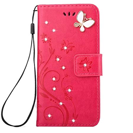 LG G6 Case,LG G6 2017 Wallet Case Fashion Handmade 3D Bling Diamond Butterfly PU Leather Card Holder Cover Kickstand Protective Case for LG G6 2017 (Red)