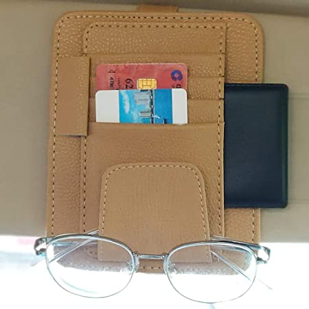 ZATOOTO Car Sun Visor Organizer Beige, Sunglass Holder Pen Card Holder Pocket Organizer Registration Document Holder Auto Interior Accessories