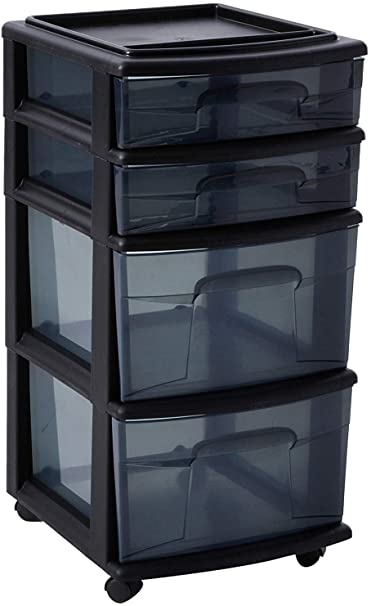 Homz Plastic 4 Drawer Medium Cart, Black Frame with Smoke Tint Drawers, Casters, Set of 1