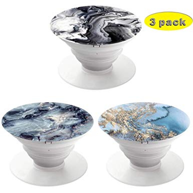 (3 Pack) Phone Grip Holder,Expanding Grip Socket for Cellphone,360 Rotation Pop Collapsible Grip and Stand for Phones and Tablets - Black Gray Blue Gold Marble White