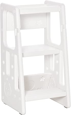 HOMCOM Torre de Aprendizaje para Niños Taburete Infantil con Altura Ajustable en 3 Posiciones y Plataforma Antideslizante para Cocina Comedor Baño 47x47x90 cm Blanco