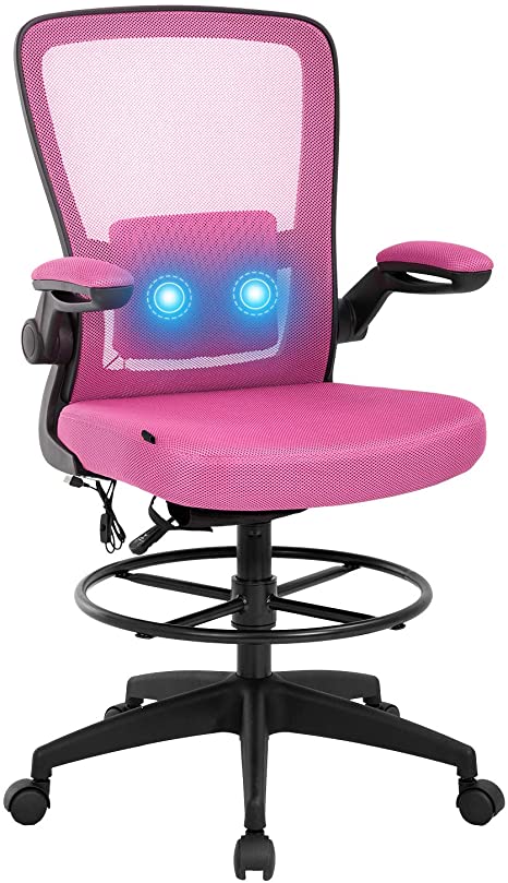 Drafting Chair Tall Office Chair Adjustable Height with Lumbar Support Flip Up Arms Footrest Mesh Desk Chair Massage Computer Chair Task Drafting Stool for Girls(Pink)