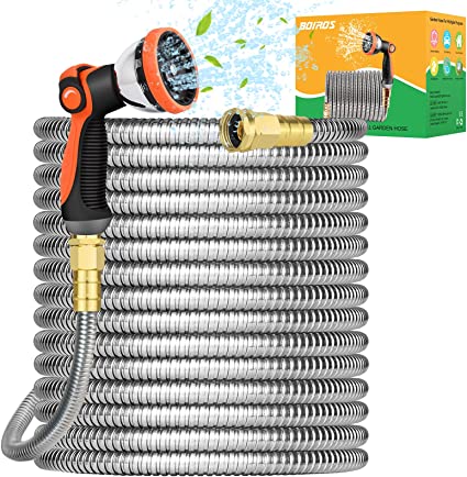 Metal Garden Hose 100ft - Stainless Steel Water Hose with 10 Function Nozzle & Solid Fittings,No-Kink & No-Tangle,Lightweight Garden Hoses,Anti-Rust Heavy Duty Water Hoses for Yard,Car Wash,Farm,Pet