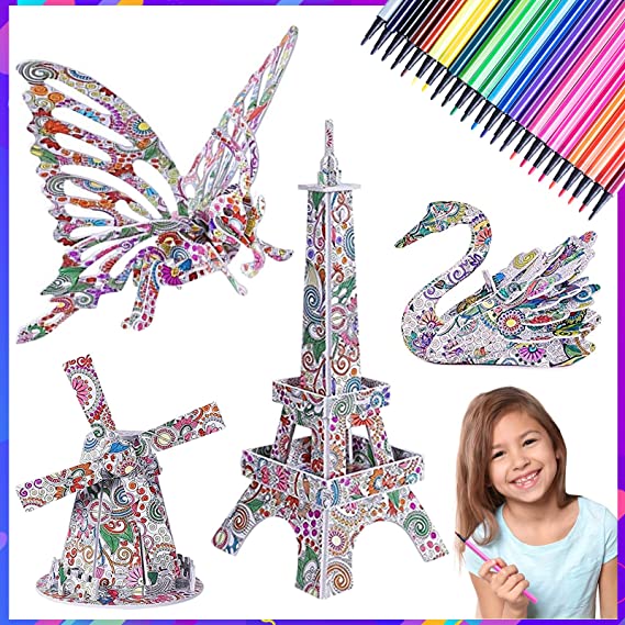 MIU COLOR 4 Pack 3D Puzzle Set with 24 Coloring Pen Markers, Fun Coloring Painting Animal and Building Model Toys, Ideal Gift for Boy and Girls Age 7 and Up(4 Pack)