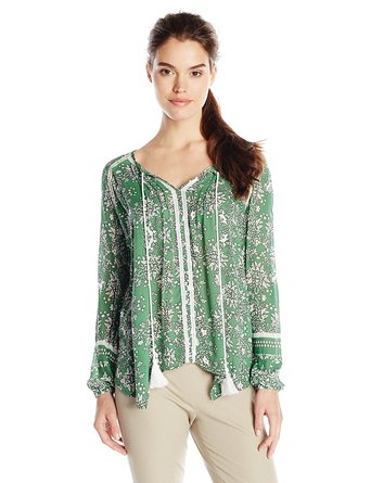 Democracy Womens Printed Peasant Blouse with Crochet Accent