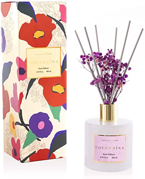 Cocorrína Premium Reed Diffuser Set with Preserved Baby's Breath & Cotton Stick Lavender Thyme | 6.7oz Scent Fragrance Lavender Oil Diffuser for Bedroom Bathroom Living Room Home Décor