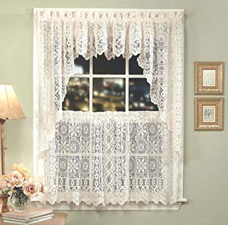 Hopewell Lace Kitchen Curtain - 36" tier (pr) - WHITE