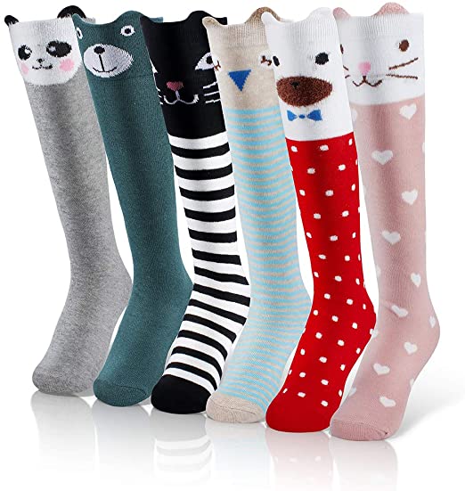 Menghao 6 Pairs Knee Socks Girl for 5-12Years Old-Summer Spring Socks for Kids Animal Cat Fox Bear Cotton Stocking