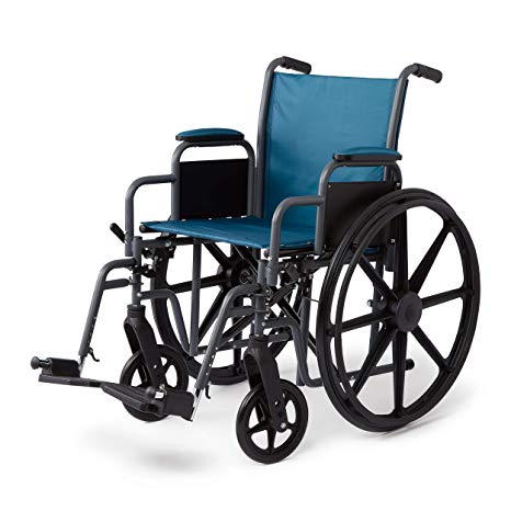 Medline Folding Wheelchair with Desk-Length Arms and Swing-Away Leg Rests, 18” x 16” Seat, Microban Antimicrobial Protection, Gray Frame, Teal Nylon Upholstery