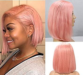 Lace Front Bob Wigs Pink 8inch Pre Plucked Human Hair Glueless Short Cut Wig Peruvian Virgin Brazilian 180% Density 13x4 Swiss Lace Frontal Middle Part for Women(could be restyle)