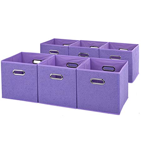 VCCUCINE Black Friday Deals Foldable Cloth Storage Cube Basket Bins Organizer, Set of 6 Light Purple Containers Drawers With Two Mental Handle