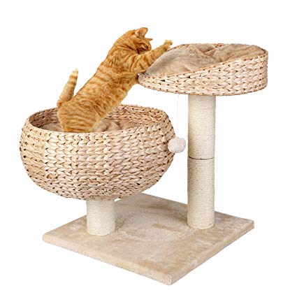 Pedy Sturdy Cat Scratching Post/Climbing Post/Cat Tree/Tower/Robust Cat Bed for Cats Beige with 2 Cushions/Basket